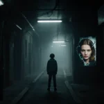 Eleven standing in alley at intersection of two paths with flickering lights and a shattered window showing blurred face.