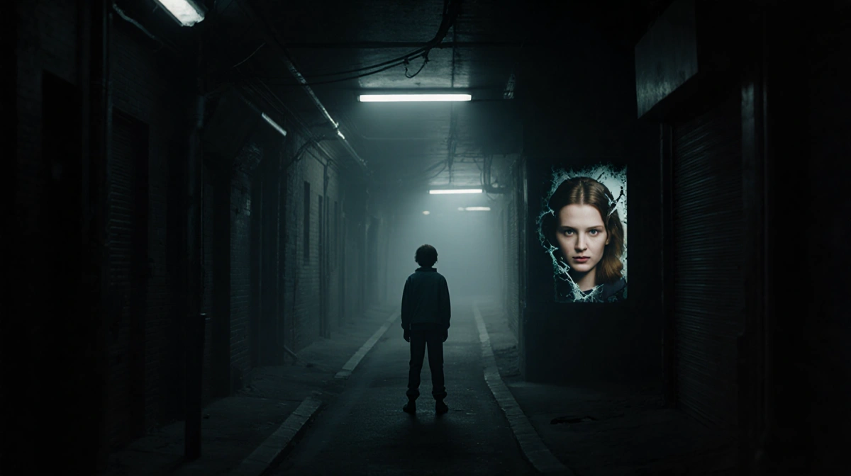 Eleven standing in alley at intersection of two paths with flickering lights and a shattered window showing blurred face.