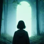 Eleven walking away from forest edge with blue‑green portal behind her silhouette