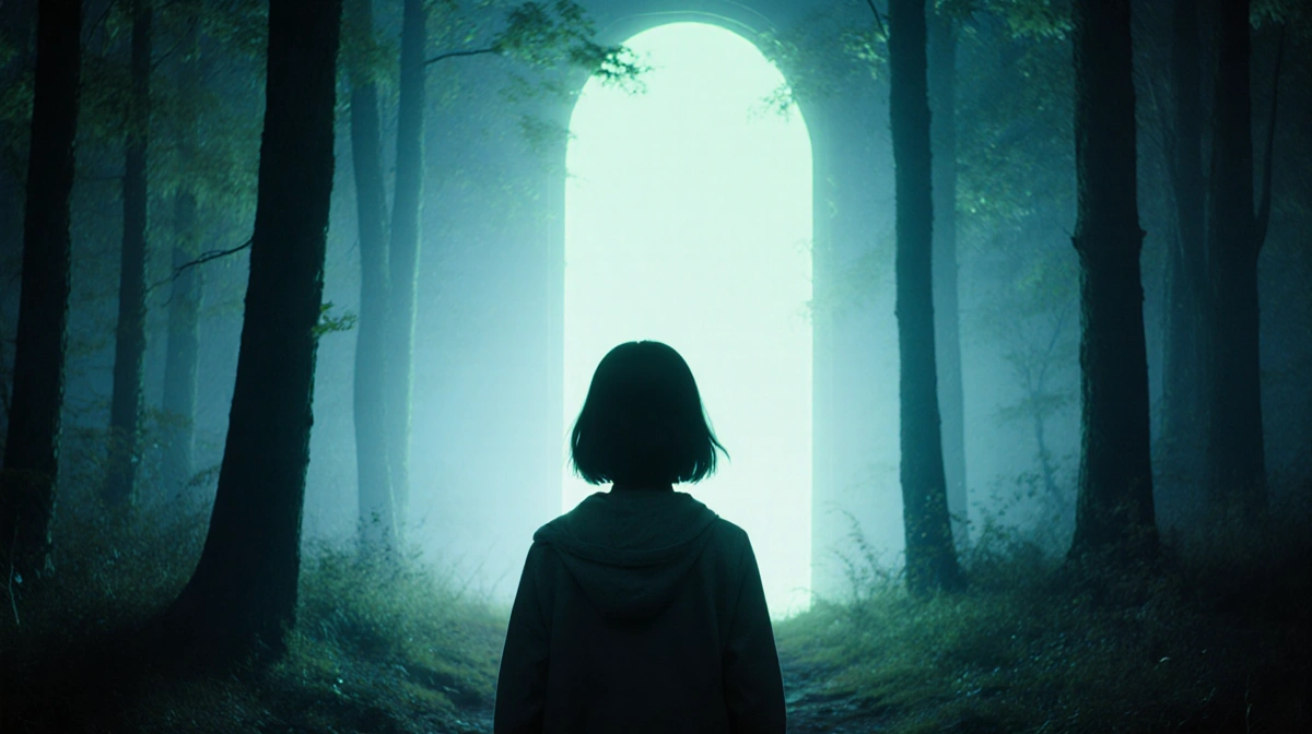 Eleven walking away from forest edge with blue‑green portal behind her silhouette