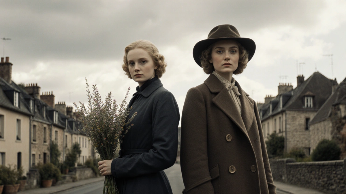 Elle Fanning and Dakota Fanning stand in 1940s French village with Elle holding wildflowers and Dakota wearing period coat an