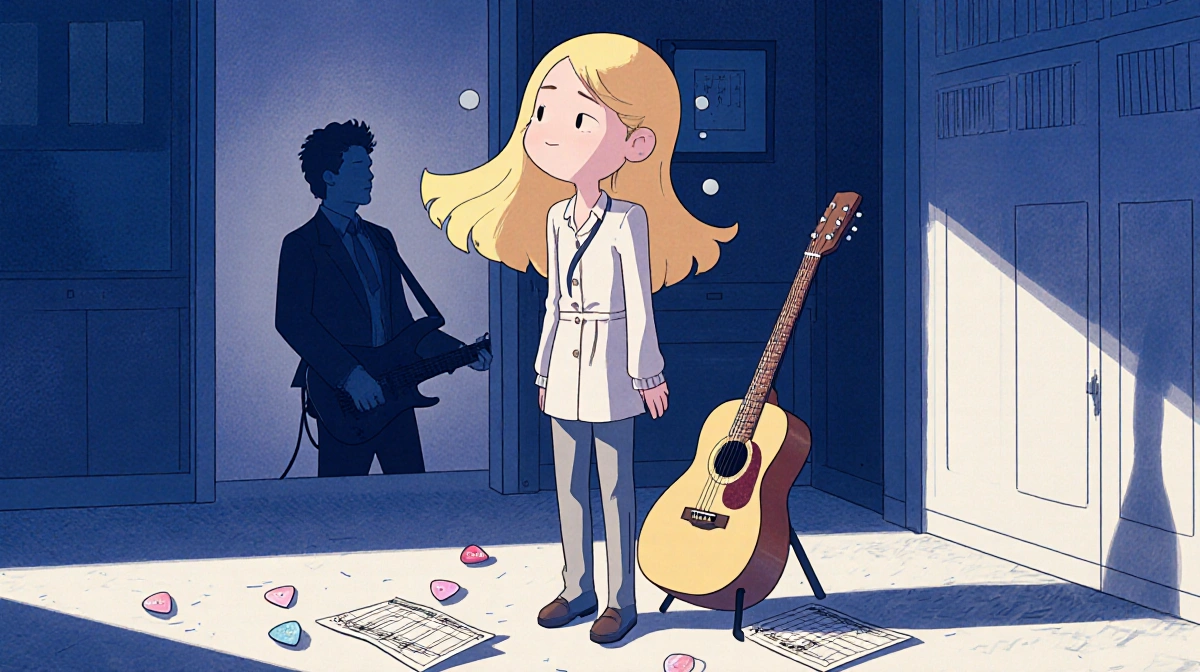 Elle Fanning stands with dreamy expression holding guitar with Jack Black silhouette behind her