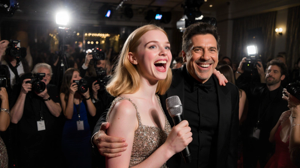 Elle Fanning holds microphone with Jack Black smiling beside her at glamorous red carpet event with flashing cameras behind