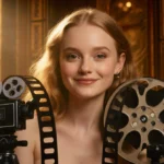 Elle Fanning sits between vintage film reels with golden movie strip backdrop and soft Hollywood glow