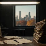 Stack of dusty police files sits under flickering light with Ellen Greenberg