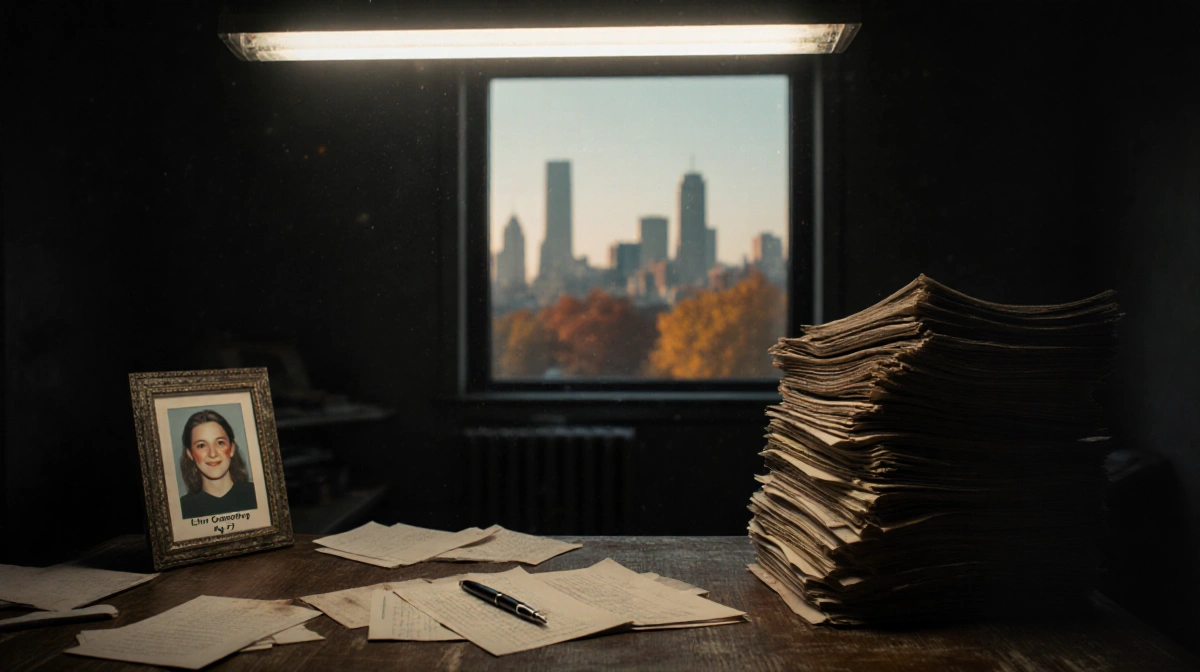 Stack of dusty police files sits under flickering light with Ellen Greenberg