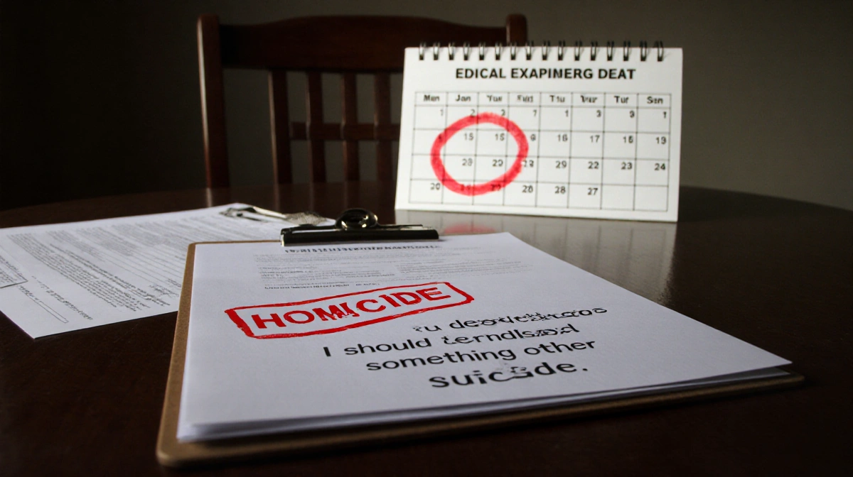 Overturned chair lies beside a table strewn with papers and a homicide stamp showing Ellen Greenberg case documents with Janu