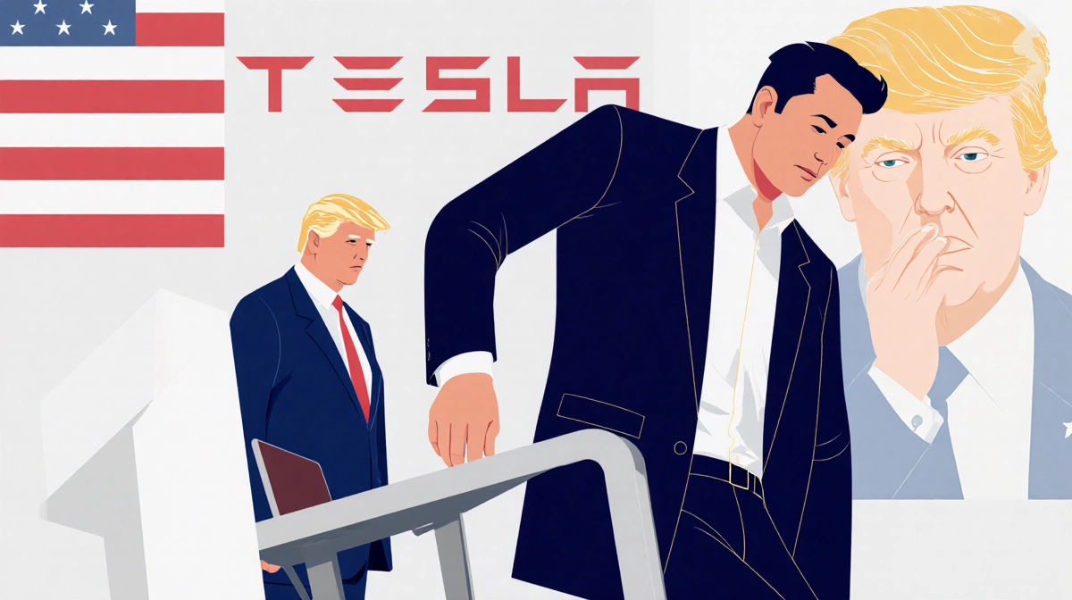 Elon Musk stepping down from a chair with a Tesla logo and an American flag in the background