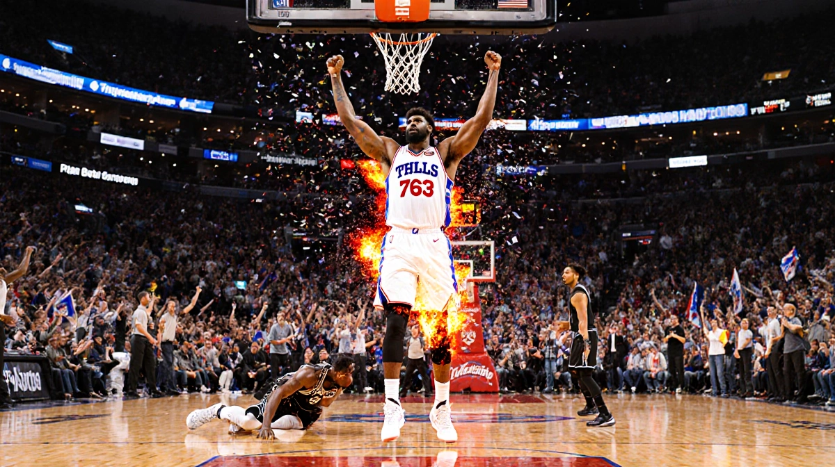 Joel Embiid celebrates with arms raised as Pascal Siakam slumps near basket with 76ers fans waving towels and confetti
