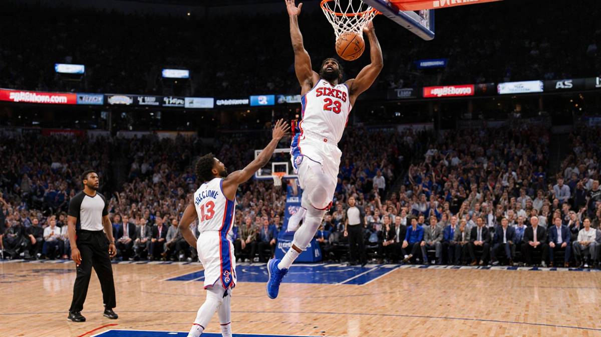 Joel Embiid slamming one-handed dunk with rookie VJ Edgecombe passing and Sixers bench celebrating
