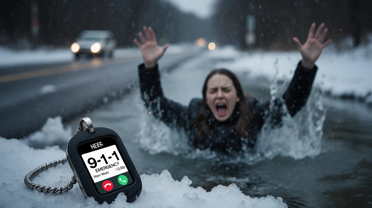 Woman struggling in icy pond water with raised arms and 911 pendant showing emergency call near phone