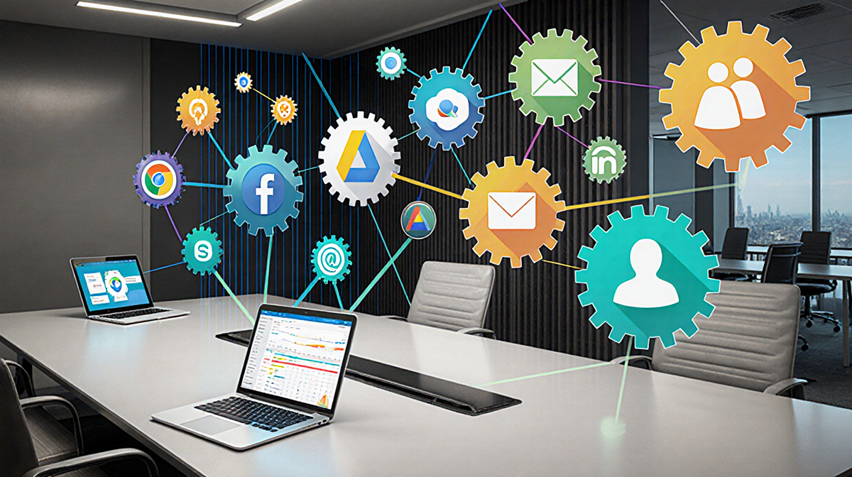 Futuristic office table showing laptops and tablets with Slack and other enterprise apps integrated via gears and wires.