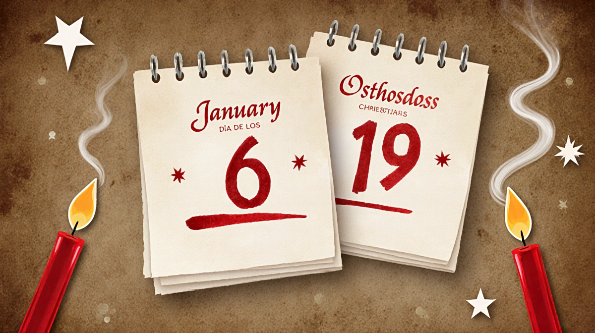 Overlapping calendars highlight red holiday dates with parchment texture and candle motifs.