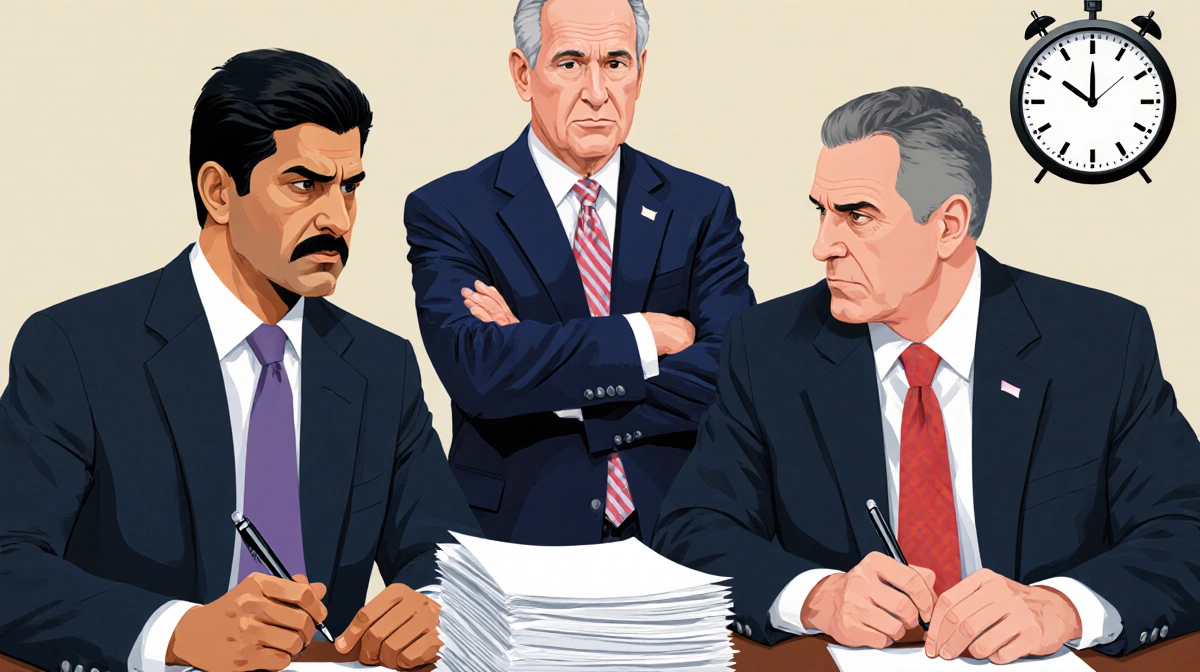 Ro Khanna and Thomas Massie standing with pens and stern faces near a ticking clock and a table of documents