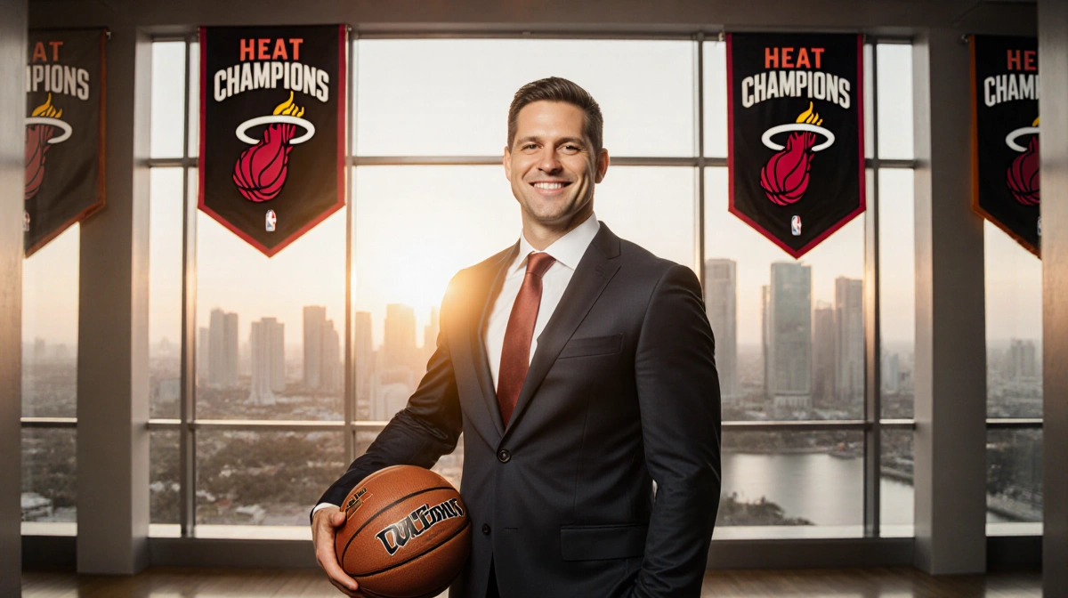 Erik Spoelstra stands proudly with basketball and Heat championship banners with Miami skyline glowing behind him