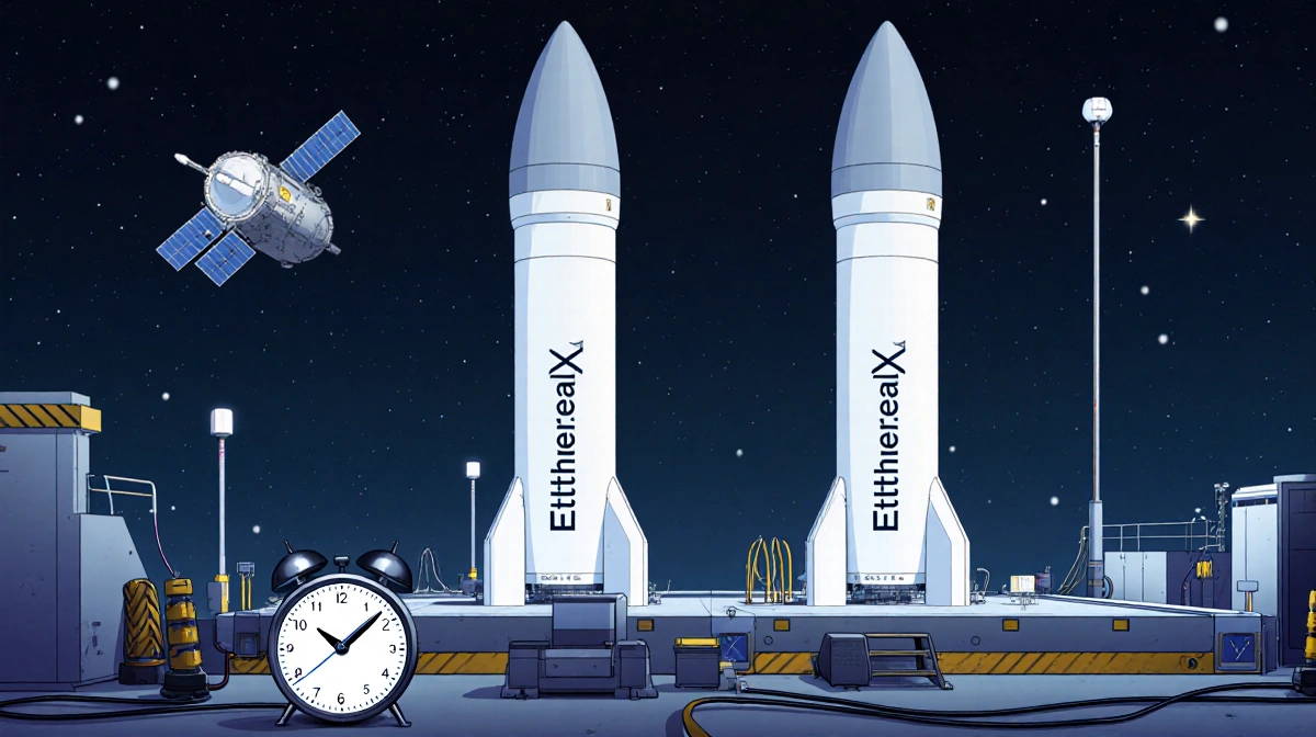 Two EtherealX rocket engines stand on launch pad with countdown clock showing 2025 and 2027 mission dates