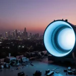 EtherealX rocket engine stands at testing facility with reusable design glowing blue and Bengaluru cityscape at dusk