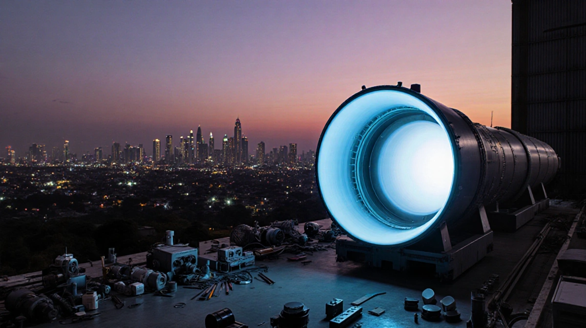 EtherealX rocket engine stands at testing facility with reusable design glowing blue and Bengaluru cityscape at dusk
