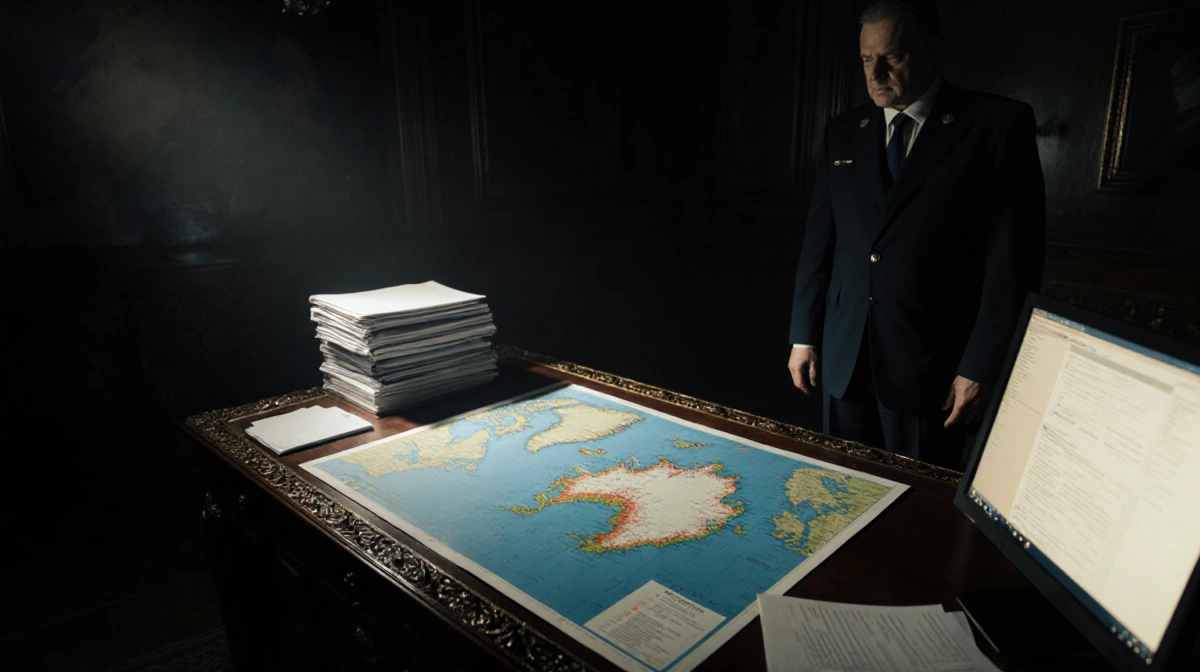 EU official studying Greenland map at desk with glowing computer screen and files showing geopolitical tension