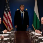 EU ambassadors sitting at ornate table with Trump shadow looming behind and US flag with Greenland flag on walls
