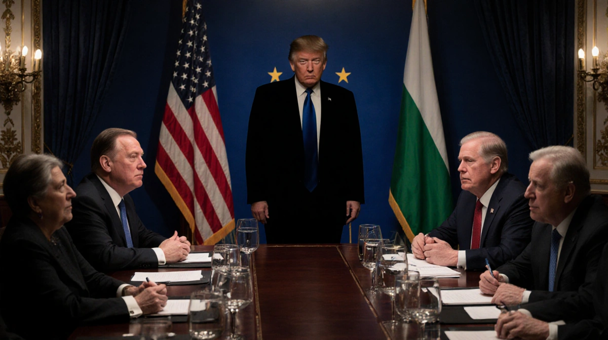 EU ambassadors sitting at ornate table with Trump shadow looming behind and US flag with Greenland flag on walls