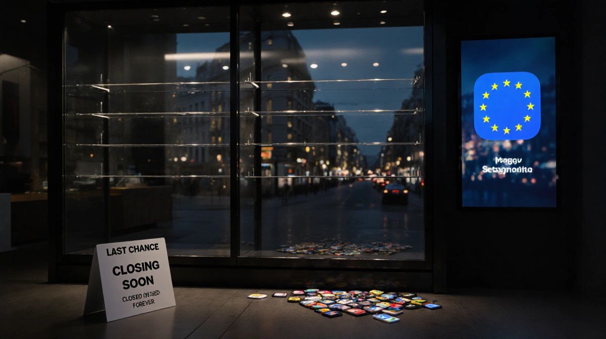 Storefront shows empty shelves with Closing Soon sign and scattered app icons on floor Apple logo reflected behind cityscape.