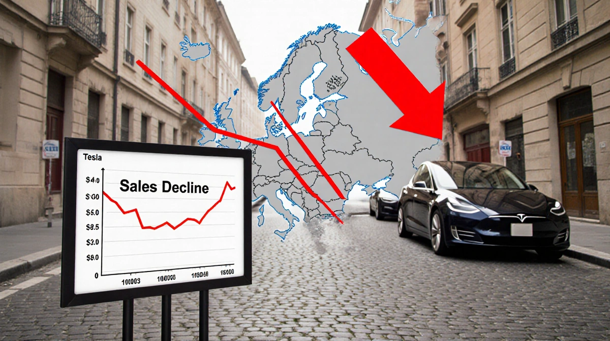 Red arrow points downwards over European map with a Sales Decline sign on street and parked cars showing Model 3 and Y price