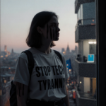 European citizen standing before cityscape at dusk with protest shirt and faint smartphone glow behind windows.