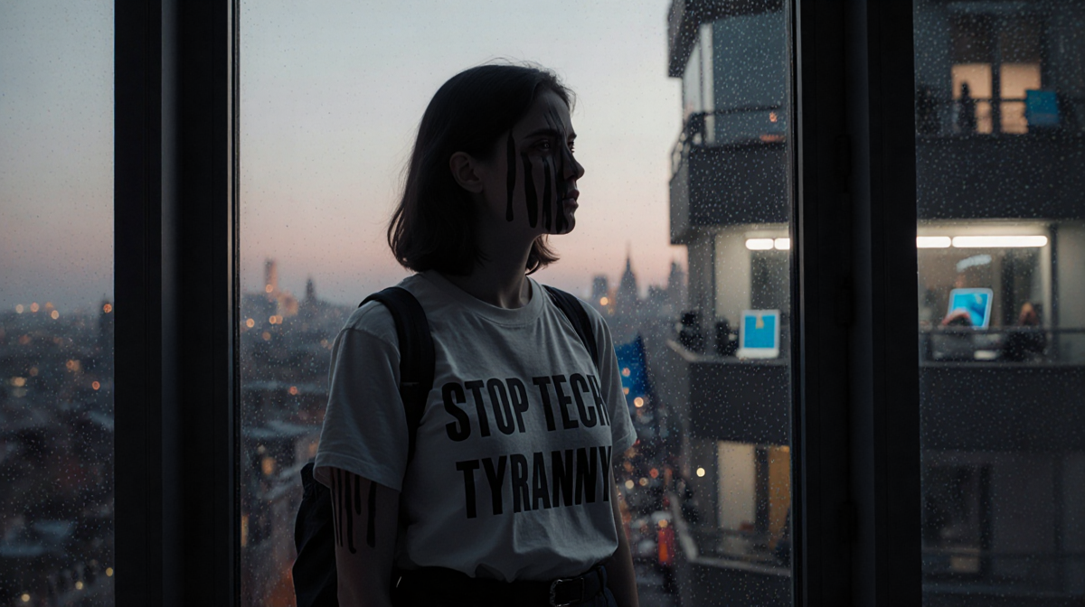 European citizen standing before cityscape at dusk with protest shirt and faint smartphone glow behind windows.