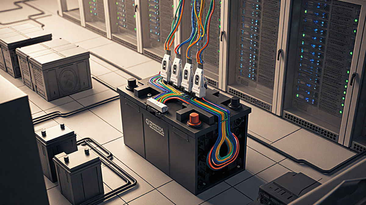 EV battery pack transforming into micro-grid with exposed wiring and AI servers nearby