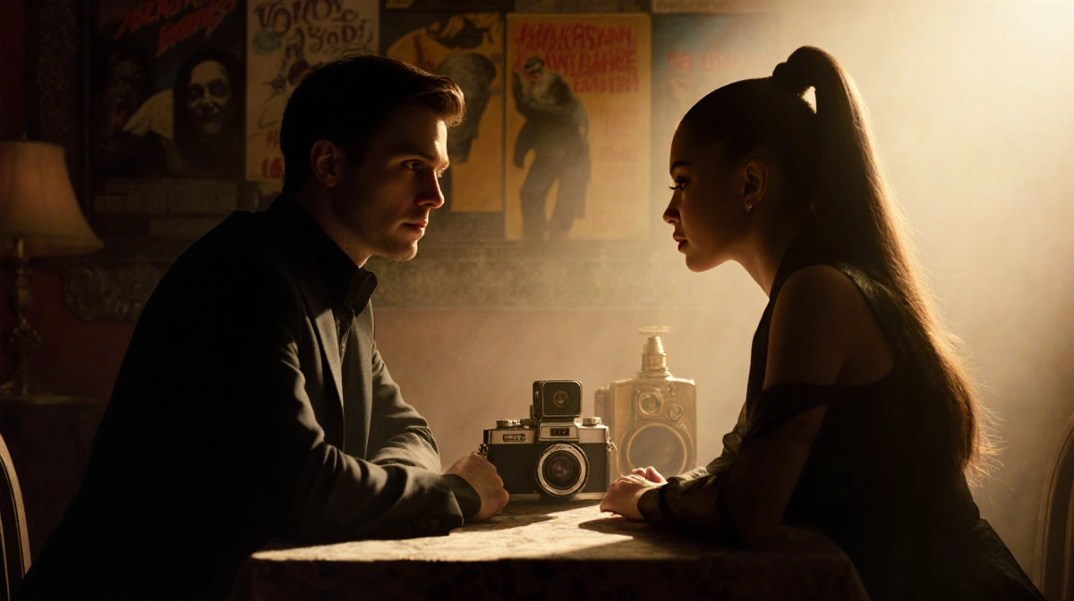 Evan Peters and Ariana Grande sit at table with vintage horror posters and antique cameras between them