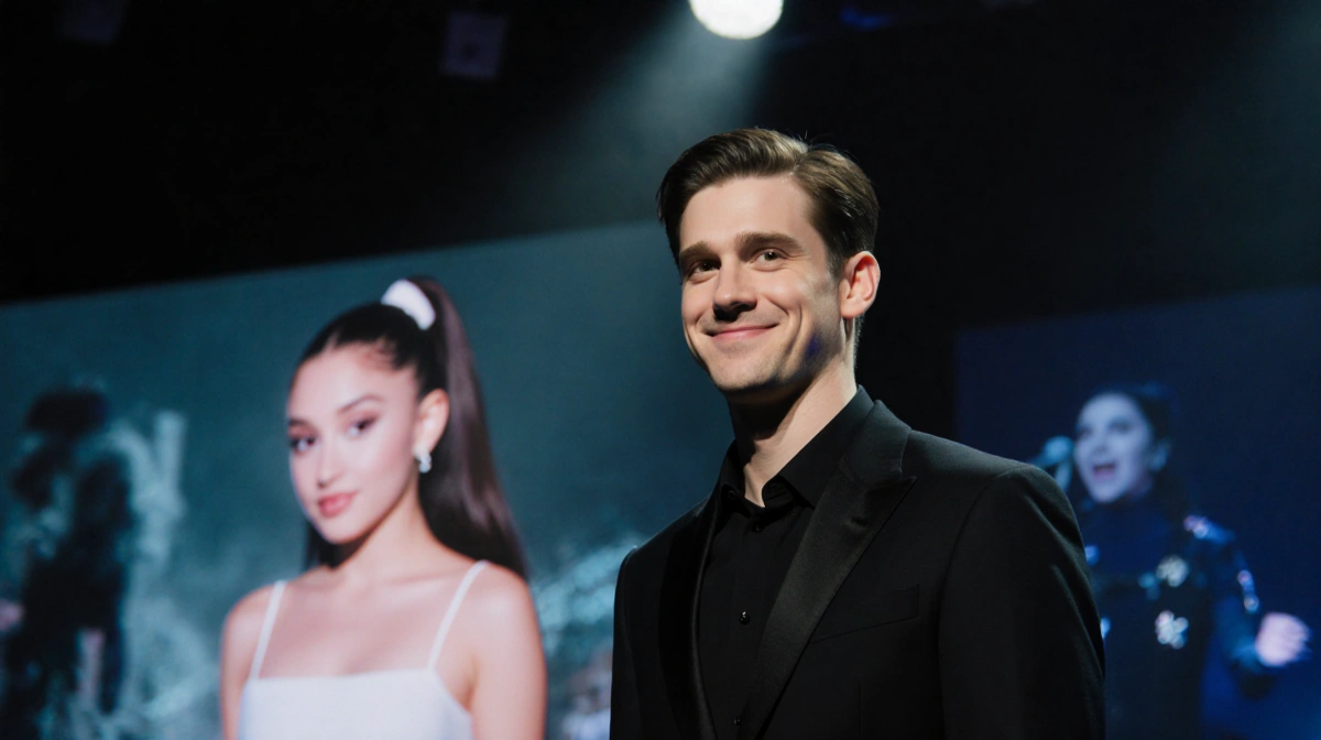 Evan Peters stands on darkened stage with spotlight and enigmatic smile with blurred Ariana Grande images behind