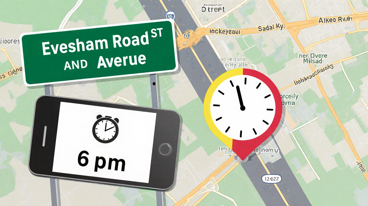 Road sign showing Evesham Road and Alpha Avenue with clock reading 6 p.m. and a faint car in background.