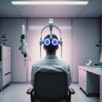 Person sitting calmly with eye‑tracking device glowing in a futuristic laboratory with pastel lighting