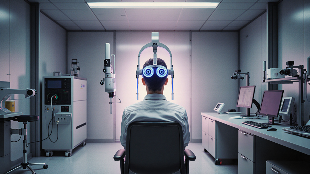 Person sitting calmly with eye‑tracking device glowing in a futuristic laboratory with pastel lighting