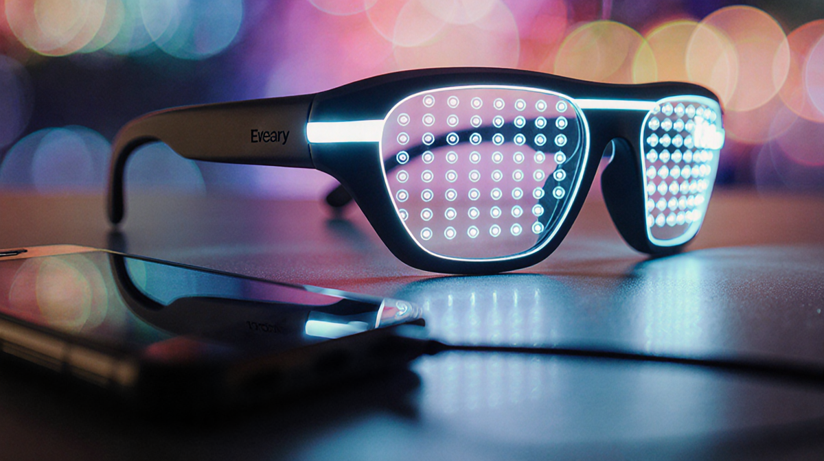 Futuristic glasses emit LED glow with 144 lenses and connect to smartphone via Bluetooth cable