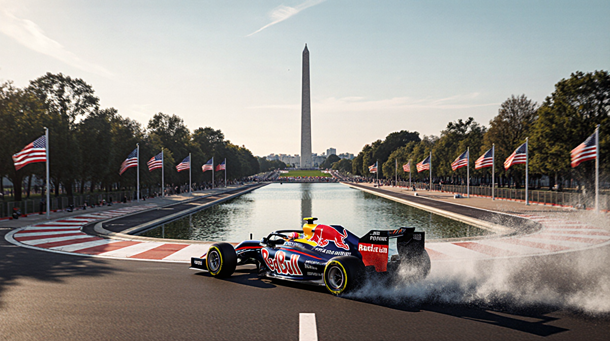 Formula One car speeding down National Mall centerline with Washington Monument and American flags waving during Grand Prix.