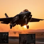 Military aircraft taking off from desert runway with soldiers standing near cargo container against orange sunset