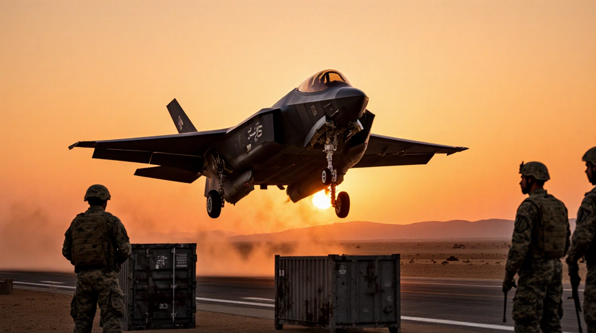 Military aircraft taking off from desert runway with soldiers standing near cargo container against orange sunset