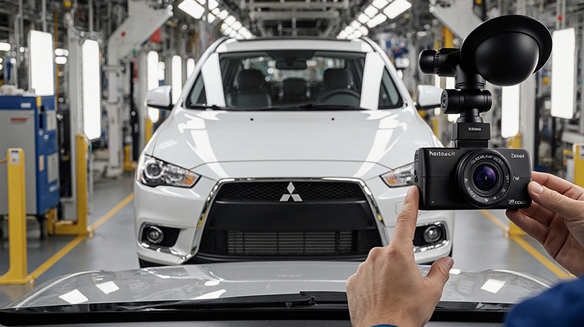 Technician attaches a Nextbase dashcam to a car with Mitsubishi assembly line visible behind and a clean industrial backdrop