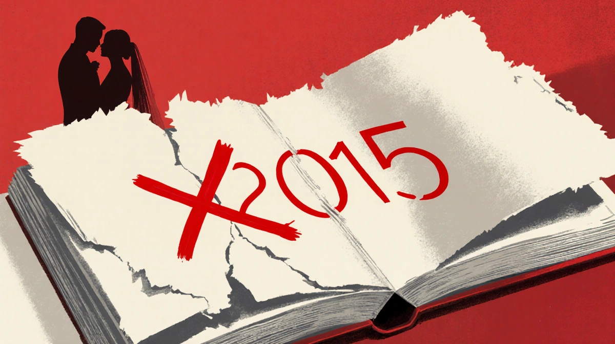 A wedding album lies torn with bright red X slashed through 2015 and faded couple embracing in the background
