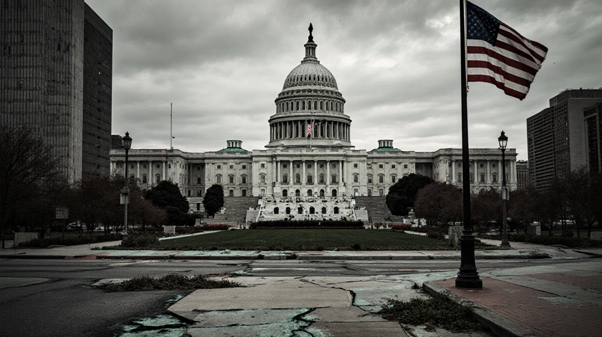 Crumbling government building dominates cityscape with cracked sidewalks and a American flag.