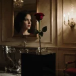 Wilted red rose sits on black pedestal in hotel lobby with soft chandelier light and faint reflection of woman