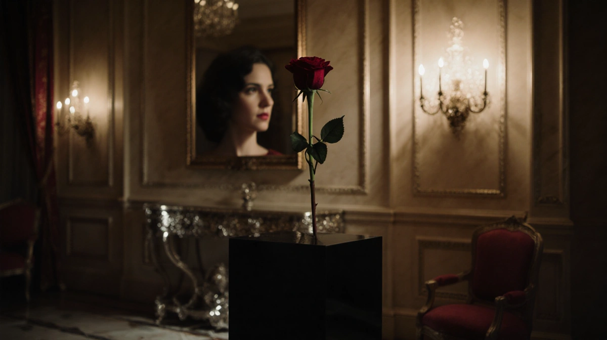Wilted red rose sits on black pedestal in hotel lobby with soft chandelier light and faint reflection of woman