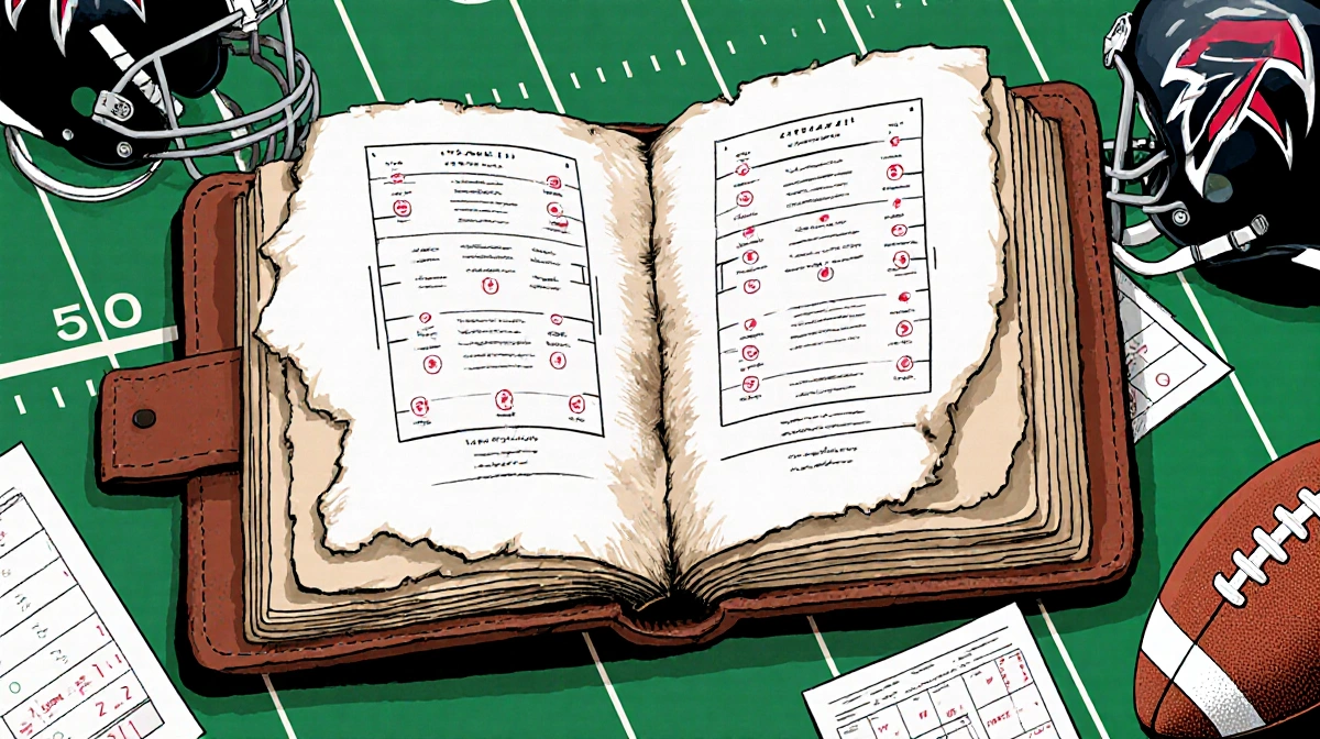 Worn leather playbook shows football evolution with torn pages and helmets nearby