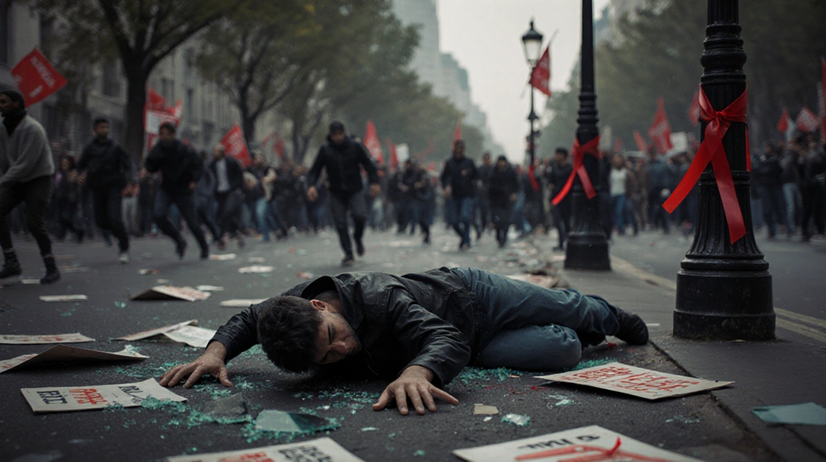 Fallen protester lies on street with red ribbons tied to lamp posts and crowd fleeing in background