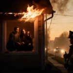 Family huddles at window with firefighter standing guard as flames rekindle on roof with dawn light breaking through smoke