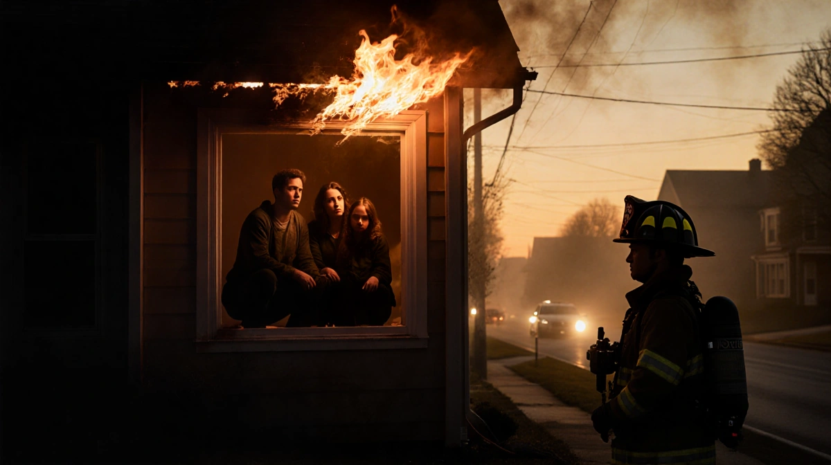 Family huddles at window with firefighter standing guard as flames rekindle on roof with dawn light breaking through smoke
