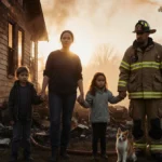 Family of five holding hands in front of burning house with firefighters working and pet nearby