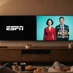 Family watching multiple streaming services together with ESPN and CNN on screens while relaxing on couch